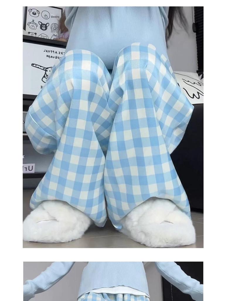 Women's High Waist Blue Plaid Wide-Leg Pants - Petite, Loose-Fit, Casual Summer Style