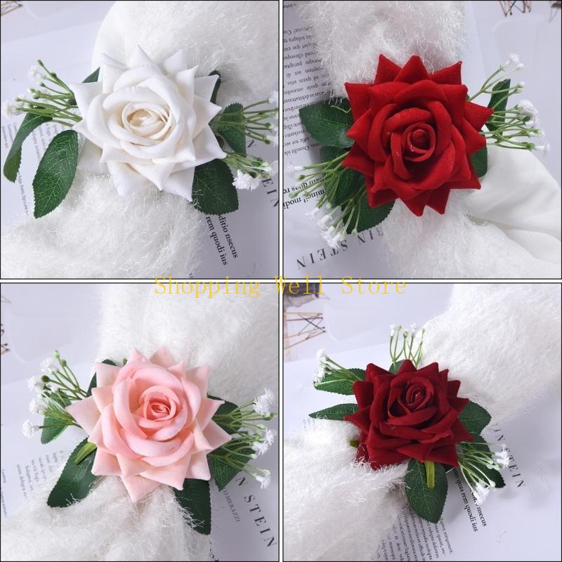 KX4B Florals Curtain Tiebacks Clasps 4 Pack Artificial Rose Flower Drapery Holdbacks Clips Window Drapes Holders Clamp