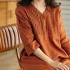 Women Summer Casual Dress Vintage V Neck Solid Color Loose Female Cotton Linen Long Dresses