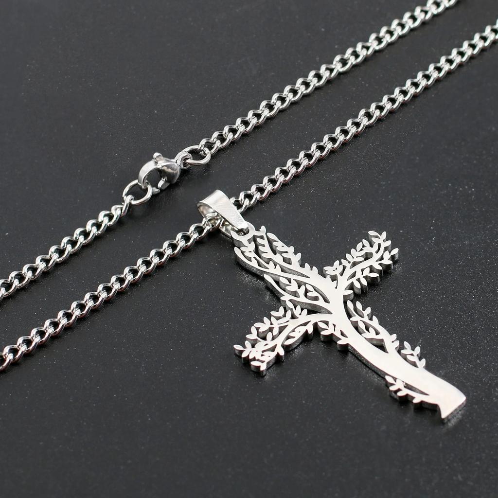 Stainless Steel Christian Tree Cross Necklace for Women Men Pendant Necklaces Retro Religion Jewelry Gift New Design Bijoux
