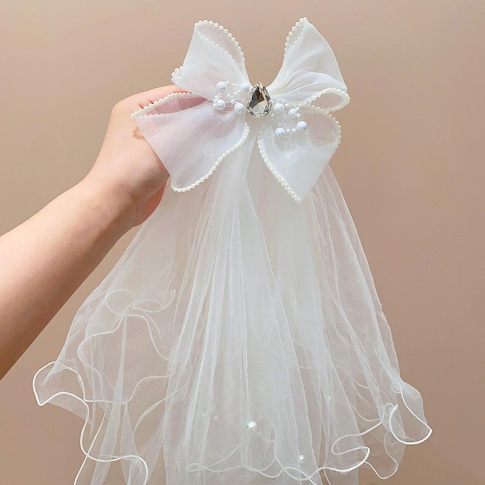 White Girls Head Gauze Bow Bridal Tulle Fashion Veil Hair Clip  Hairpins