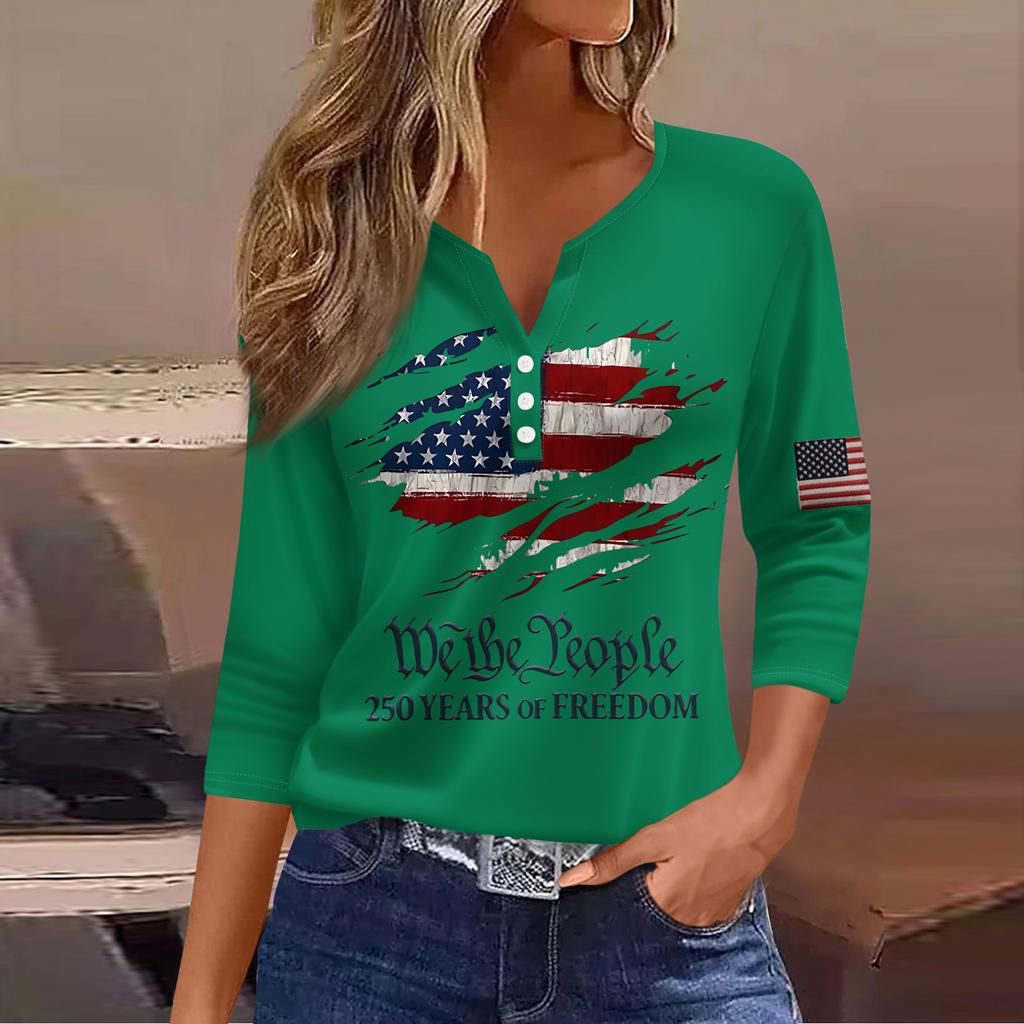Women's T Shirt Independence Day Print Button 3/4 Sleeve Daily Weekend Fashion Basic V- Neck Regular Top