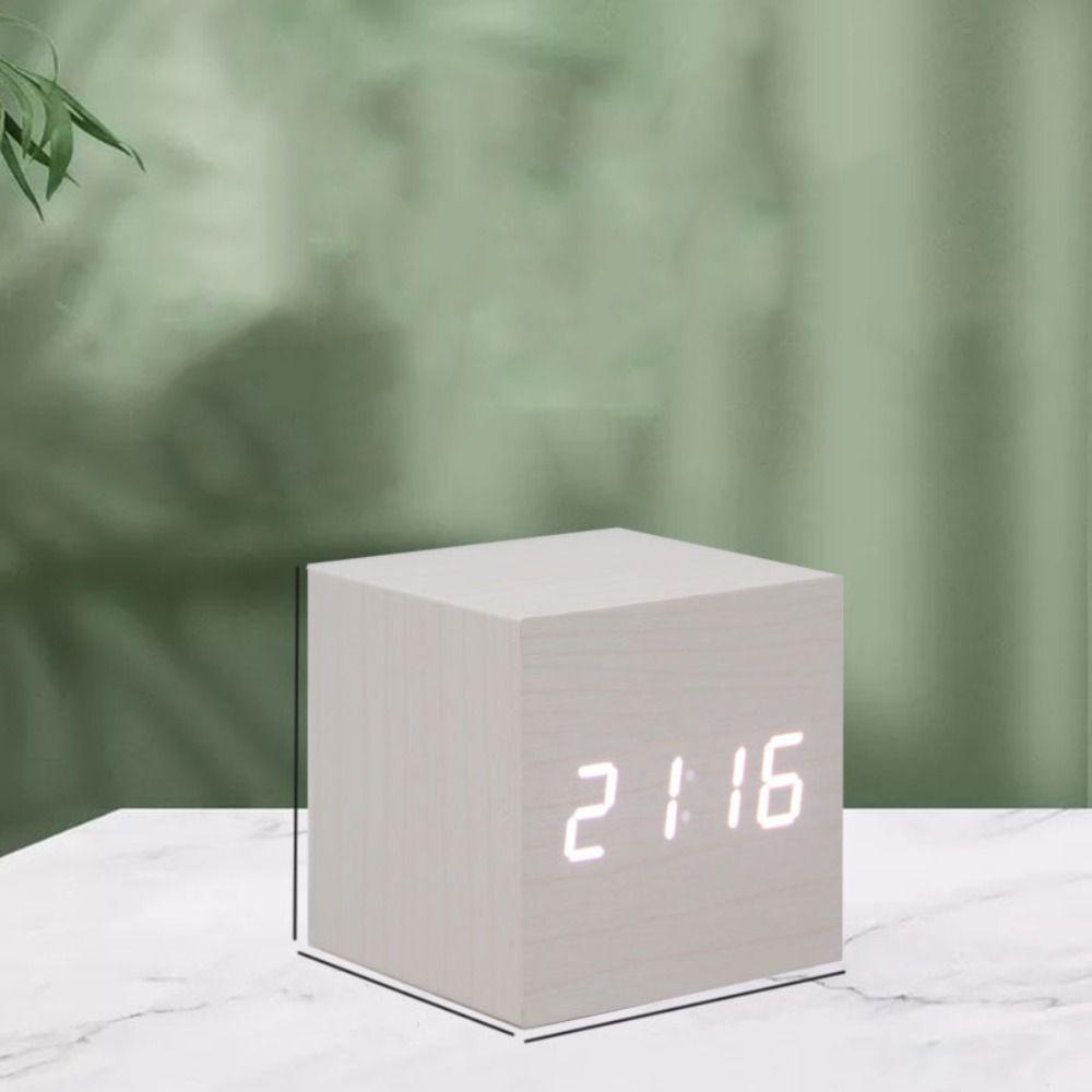Voice Control Square Digital LED Alarm Clock Retro USB/AAA Powered Glow Clock Wood Multifunctional Desk Clock Gift