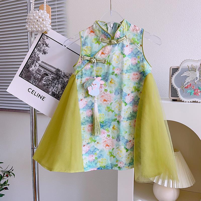 Girls Summer Chinese Mesh Princess Vest Dress Improved Cheongsam Dress
