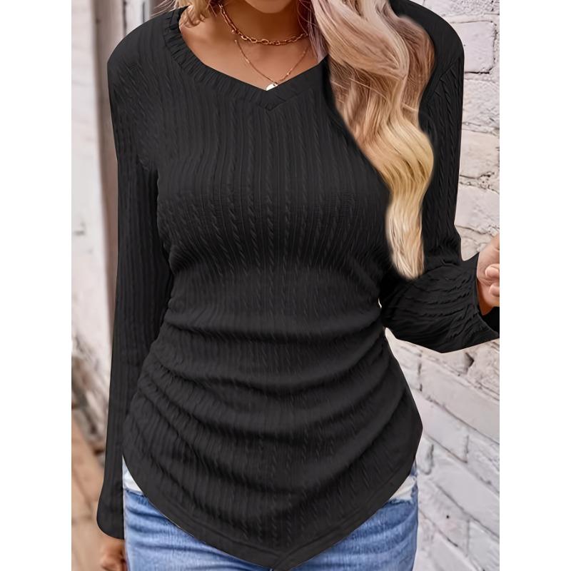Women's Autumn and Winter Models Long-sleeved Irregular Slim V-neck Solid Colour Knitted T-shirt