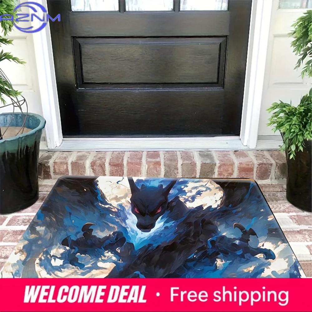 Pokemon Mega Charizard X Blue Flame Print Non-Slip Doormat, Absorbent Floor Mat for Home Decor
