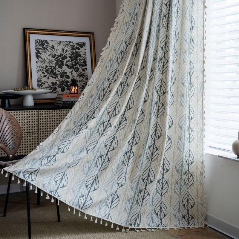 Retro Printed Cotton Linen Curtain With Tassel Trim Kitchen Window Semi-Sheer Panel Living Room Dining Area