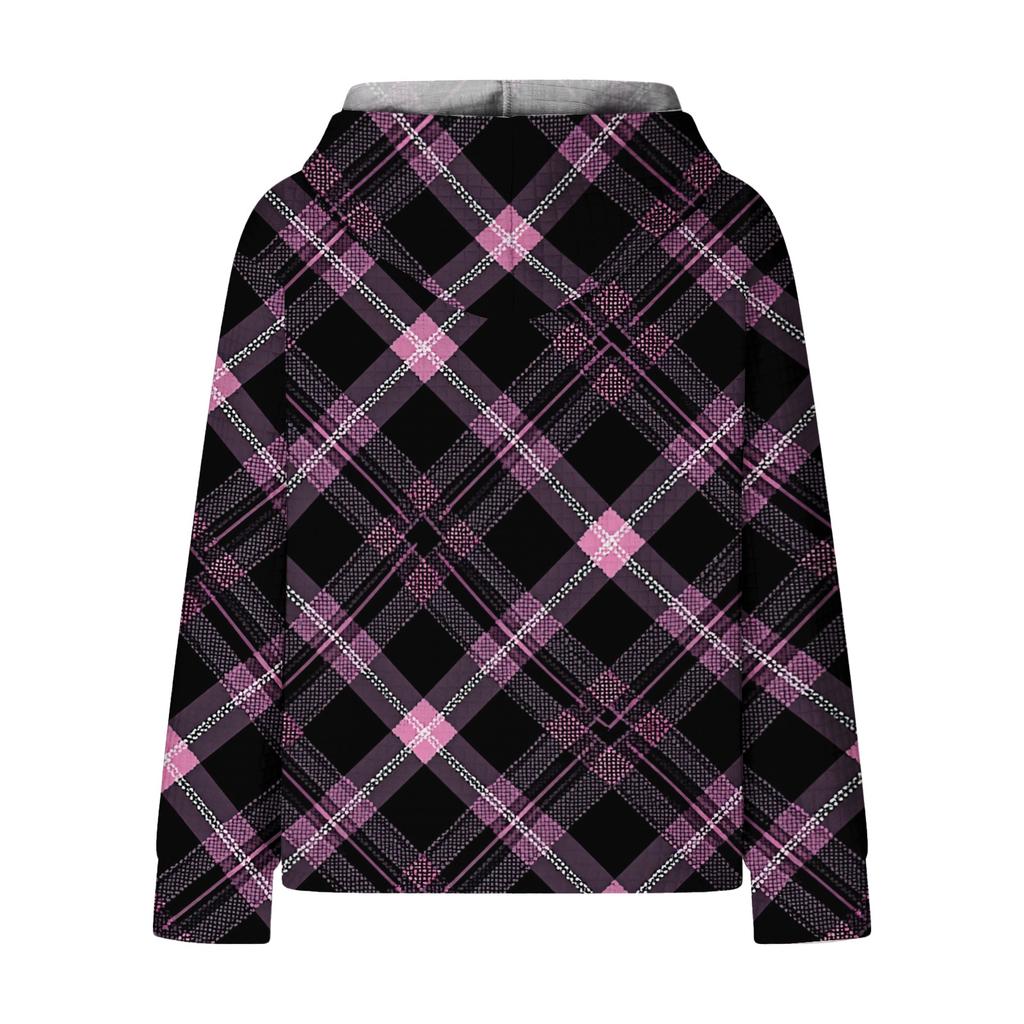 Women's Fashion Loose Hooded Pullover Long Sleeve Plaid Sweatshirt with Drawstring Drop Shoulder and Pocket Print Top