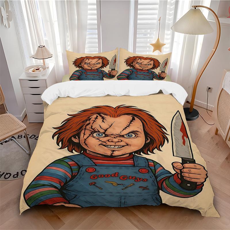 3-teiliges Chucky Vatertag Bedrucktes Steppdecken-Set - Enthält 1 Bettbezug und 2 Kissenbezüge, Maschinenwaschbar - Geeignet für alle Jahreszeiten.C020