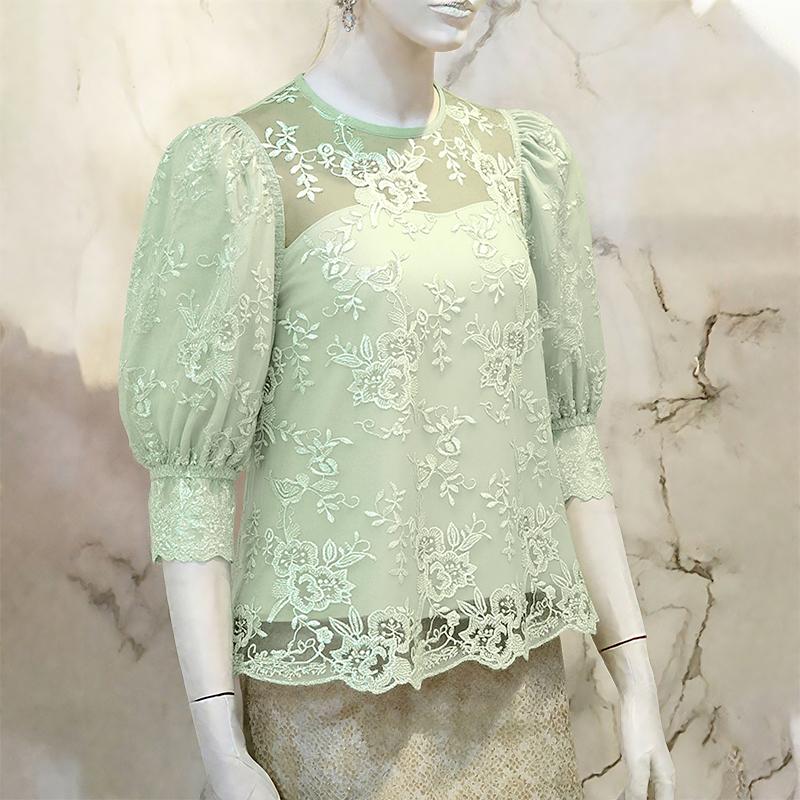 

ZANZEA Женская повседневная блузка с круглым вырезом, кружевными рукавами 3/4 и лоскутным узором 3XL зелёный