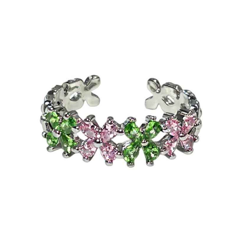 Niche Zircon Four-Leaf Clover Pink-Green Ring: Light Luxury Trendy Women's Finger Ring