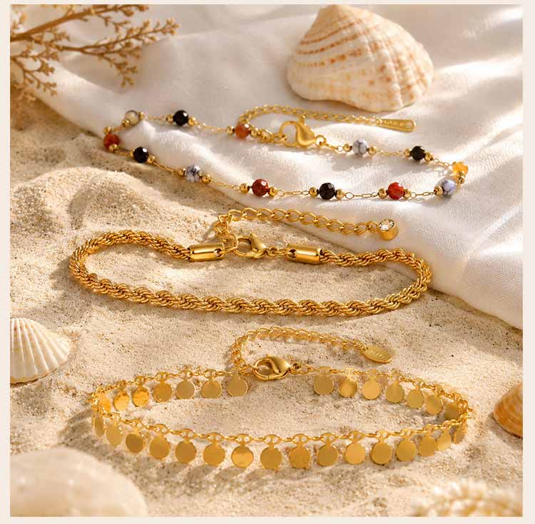 3 Layers Gold Plated Anklet Set for Women Nature Stone Bead Bohe Disc Charm Stainless Steel Beach Foot Jewelry