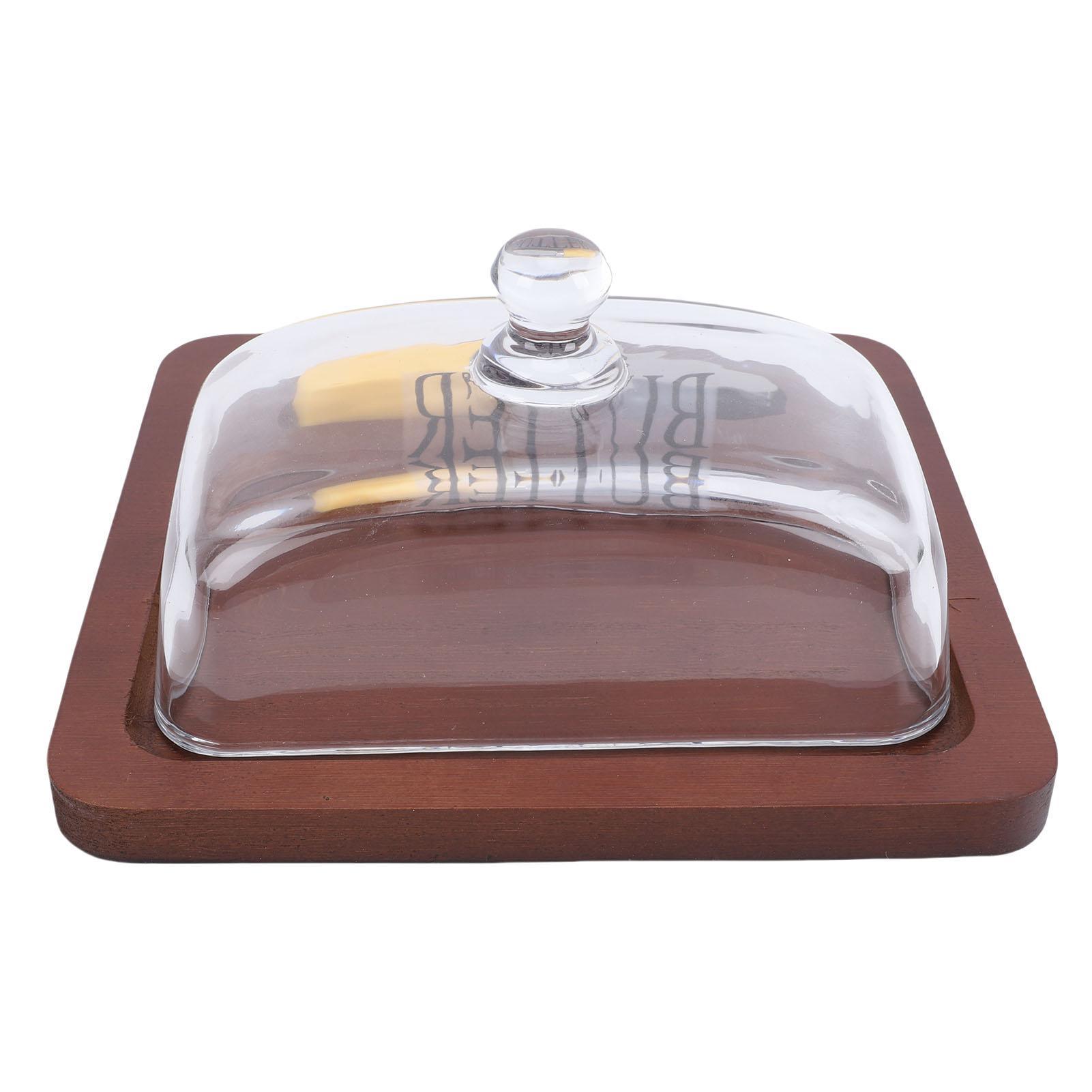 Wood   Dish with Clear Glass Lid Cutting Tool Easy to Clean   Container for Cheese Cake Dessert