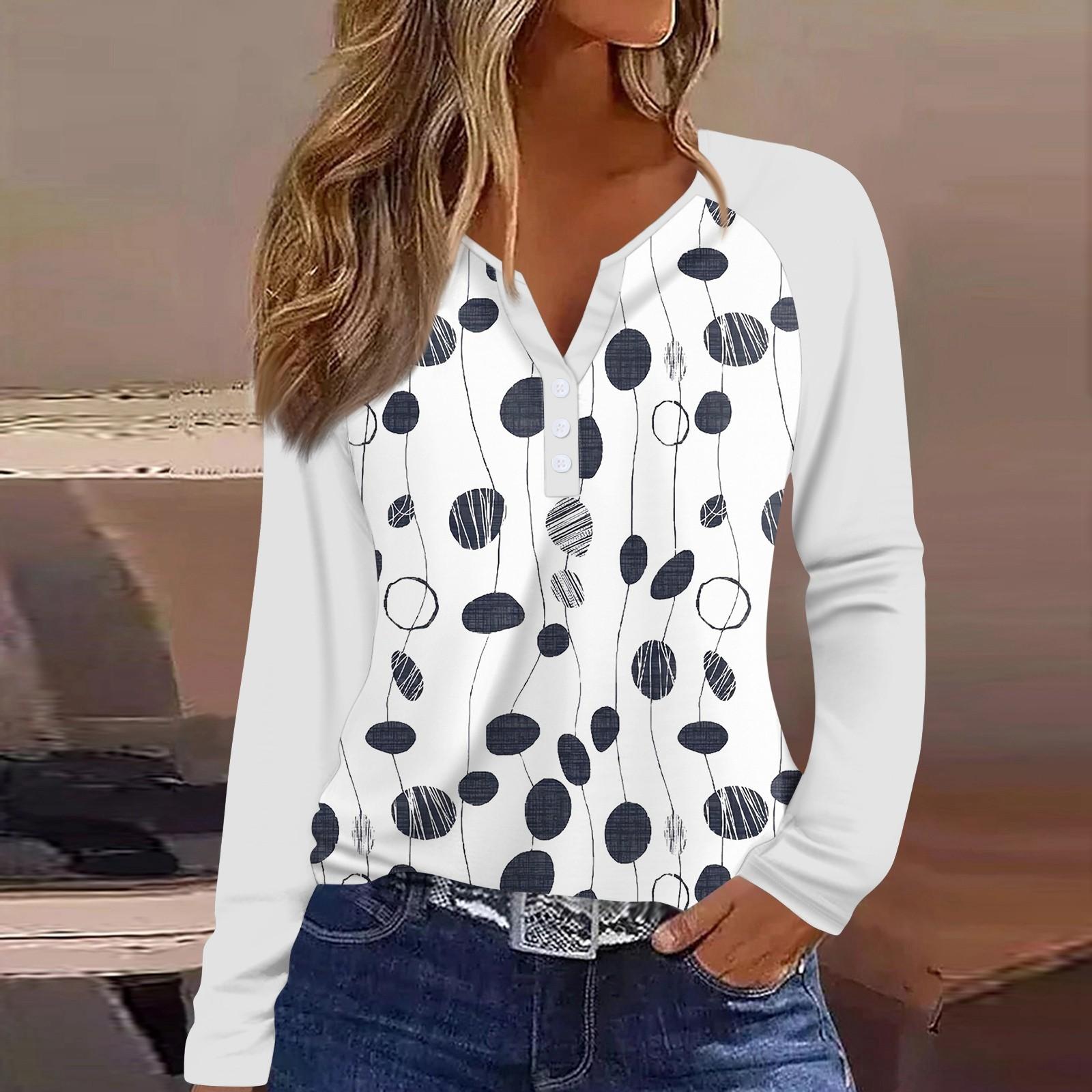 

Жіноча футболка з принтом і ґудзиками, з довгим рукавом і рукавом реглан, щоденна мода на вихідні, базовий V-подібний виріз, звичайний топ XL білий