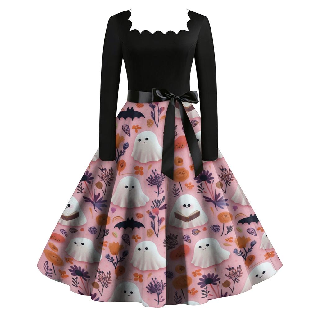 Women's Vintage Long Sleeve Square Neck Halloween Print Party Dress with Flared Skirt and Waist Tie for Evening Events