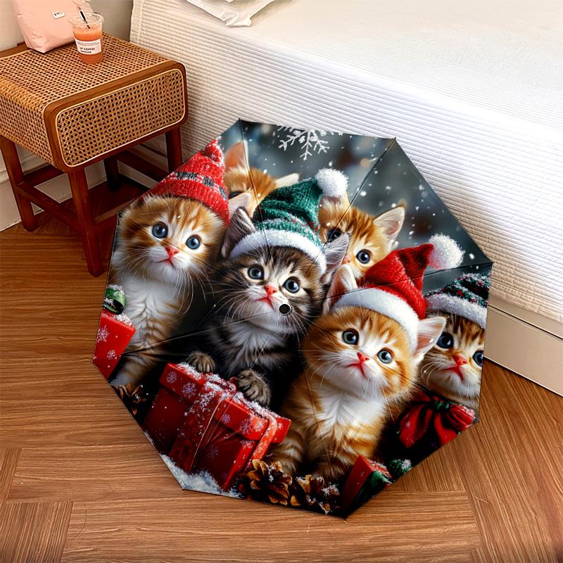 1 PC Automatic Folding Umbrella - Christmas Kittens Pattern, Portable & Foldable Design with 8 Ribs, Christmas Birthday Gifts