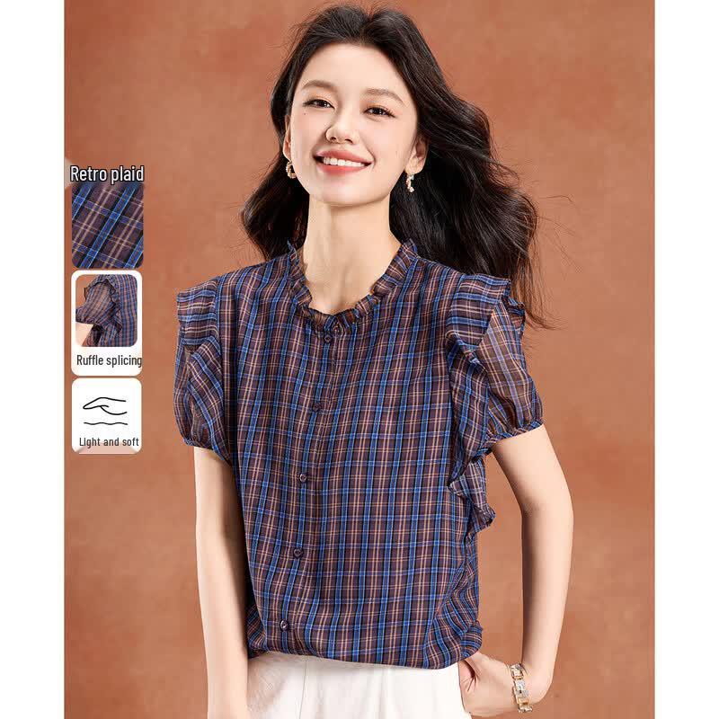 Meilanni Women s Plaid Ruffle Sleeve Blouse 2XL