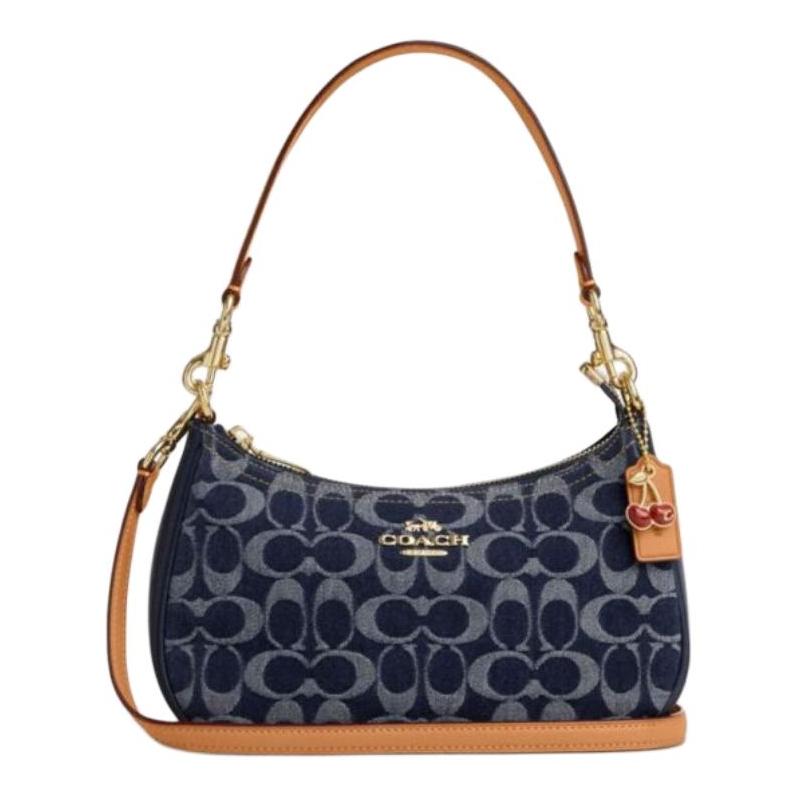

COACH Teri 24 printed logo fabric with artificial leather shoulder bag medium women s denim blue синій