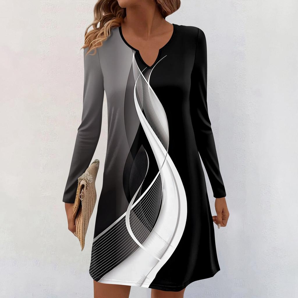 Women's Long-sleeved Casual Midi Dresses V-Neck Print  Casual Dress
