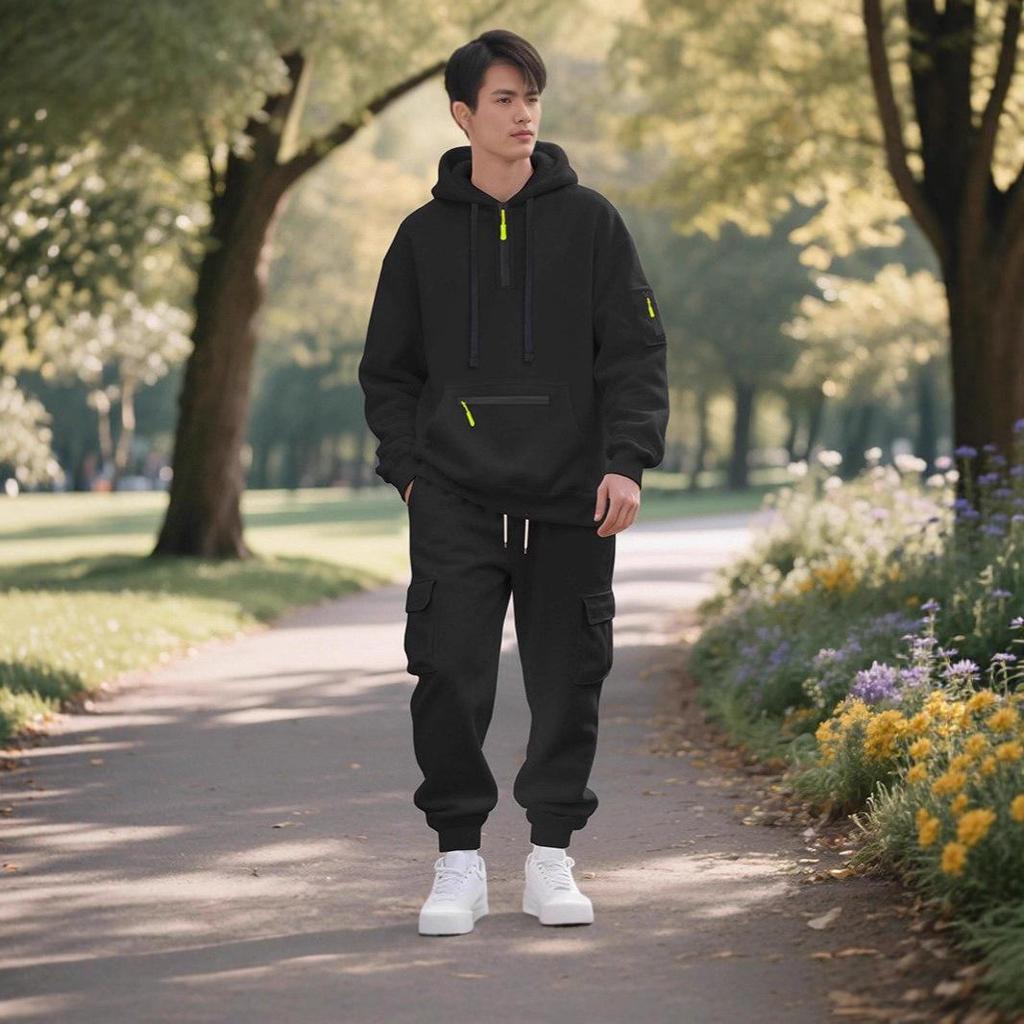 Men's Hooded Zip-Up Fleece Jacket and Cargo Pants Set, White Casual Tracksuit