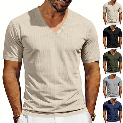 Herren Gerippter Strick V-Ausschnitt Kurzarm Pullover Leichte Lässige Oberteil Weicher Atmungsaktiver Stoff Bequeme Passform