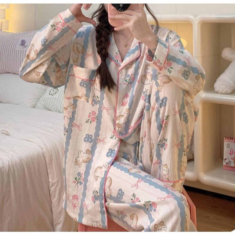 9Night Wear Woman Sexy Sweet Style Cartoon Kitten Long Sleeve Pants Pajamas Clouds Cotton Cardigan Student Loungewear Large Size