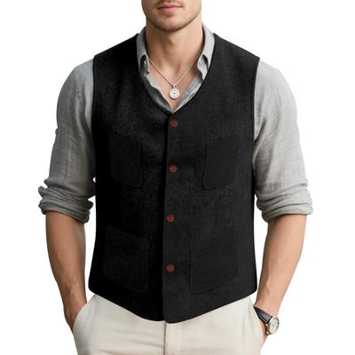 Einreiher V-Ausschnitt Trendige Slim Wollweste Mehrere Taschen Britischer Stil Herren Casual Pferdeklipp Einfarbig