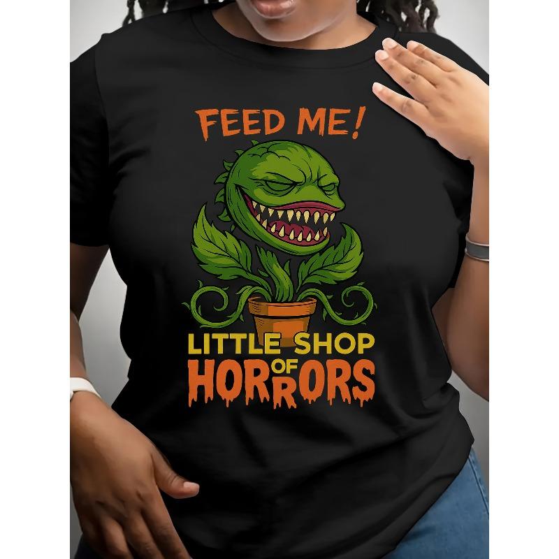 

[Terrifying Pattern T-Shirt] Big Mouth Flower That Eats People Women s Short-Sleeved T-Shirt | Casual Regular Length Women s Clothing 4XL чорний