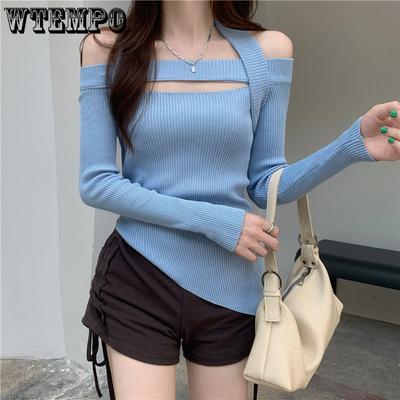 Einfarbiger One-Shoulder-Pullover für Damen, Frühling, koreanische Mode, vielseitiges Oberteil, schmale Unterseite, Strickwaren