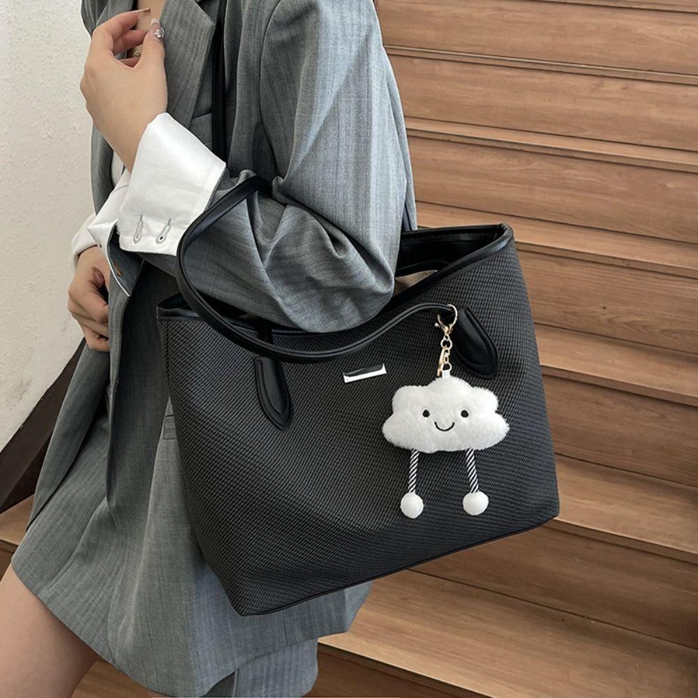 Casual PU Women's Shoulder Bag Large Capacity Black Beige Blue Shopping Bag Minimalist Design Tote Bag