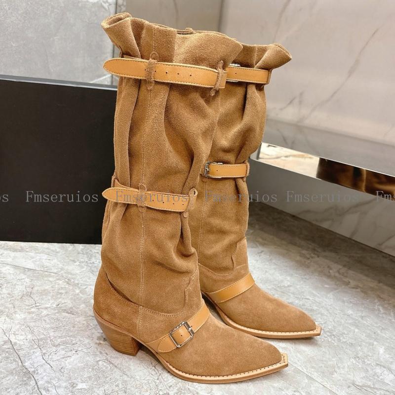 Women Knee High Boots Genuine Leather Pointed Toe Chunky Heel Solid Casual Fashion Simple Design Shoes Western Cowboy Boots