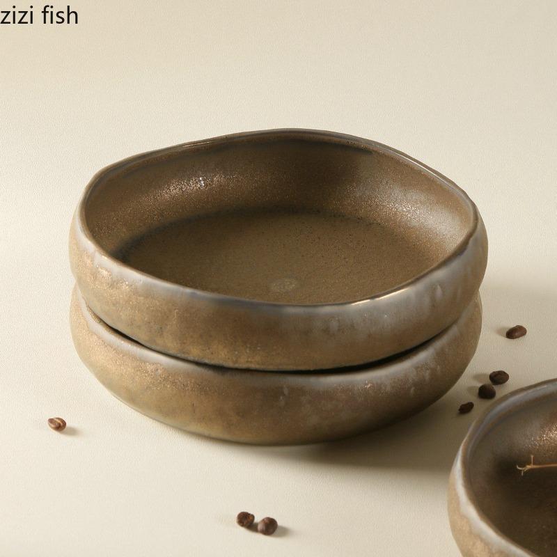 Coarse Pottery Dinner Plate Ceramic Steak Plate Pasta Dish Sushi Plates Dessert Bowl Fruit Plates Salad Bowl Snack Bowls Tray