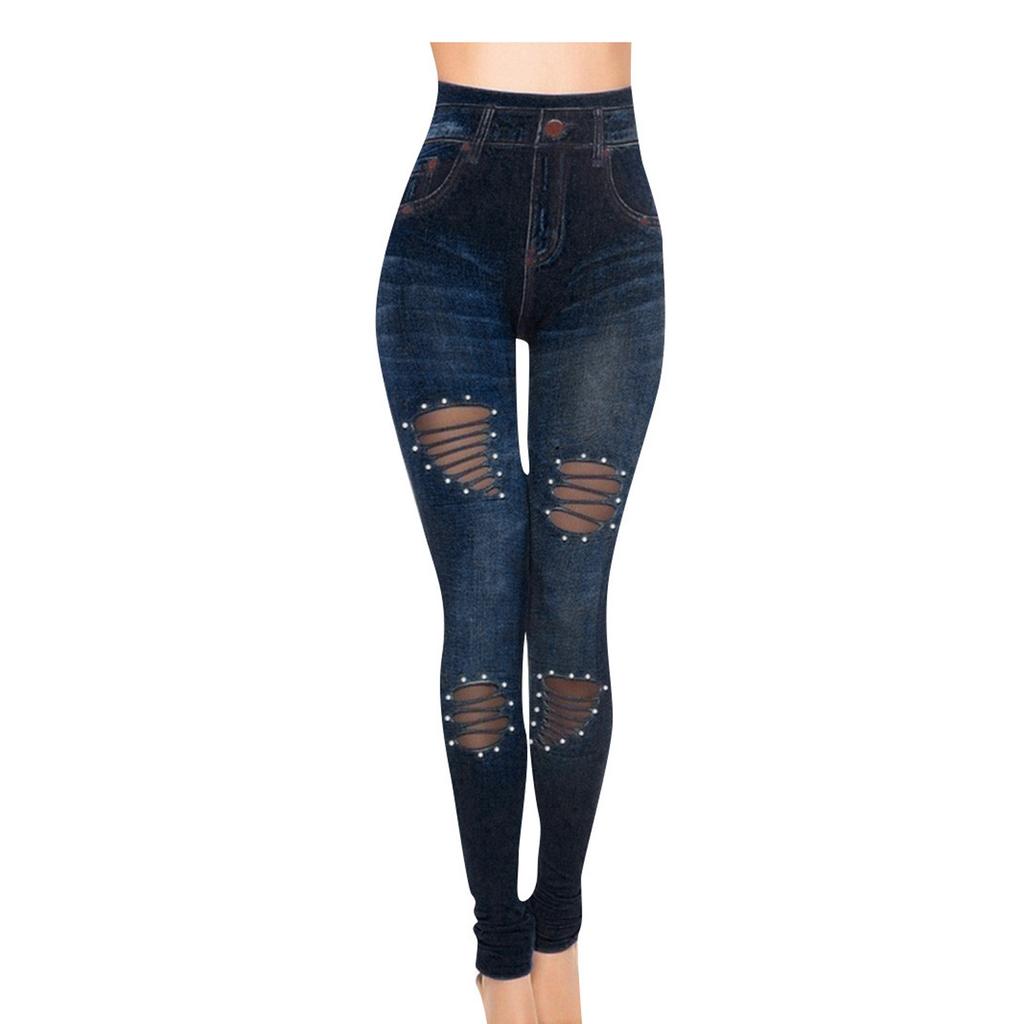 Women's Stretchy Skinny Print Jeggings Lmitation Jeans Seamless Ninth Pants