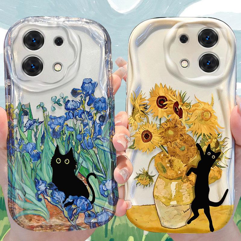 Vintage Blue Floral Black Cat Case for Xiaomi Redmi Note 14 13 12 11 10 Pro Plus 5G 9 14C 13C 4G 12C 10C 10S A2 A1 Soft Cover