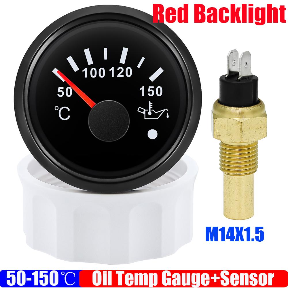 Auto Car Boat 2" 52mm Oil Temperature Gauge with Warning Red Light 50~150℃ Oil Temp Meter+Sensor 1/8NPT M14X1.5 DC12V 24V