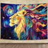Lion Tapestry Wall Hanging  Medieval Galaxy Space Starry Sky African Animal Watercolor Art Peach Light Beige Fabric Horizontal