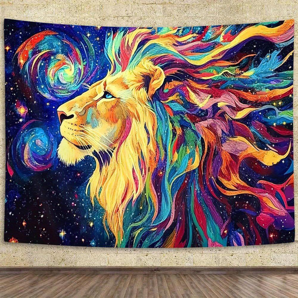 Lion Tapestry Wall Hanging  Medieval Galaxy Space Starry Sky African Animal Watercolor Art Peach Light Beige Fabric Horizontal