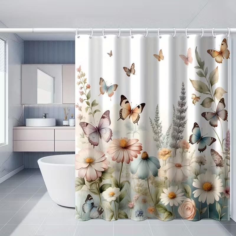 Tenda da Doccia VIKAMA con Stampa Floreale di Farfalle 3D - Poliestere Impermeabile e Resistente alla Muffa Decorazione Bagno
