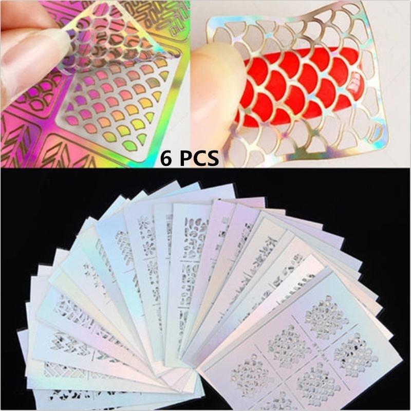 6Pcs Nail Art Vinyls Nagel Schablonen Sticker Irregulär Muster Stencil Stickers random