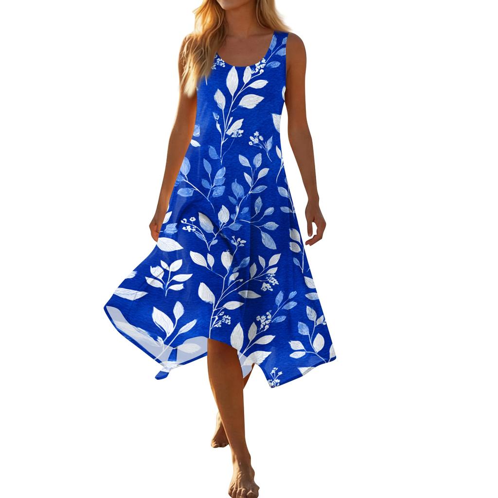 Women Casual Sleeveless Floral Print Dress Round Neck Irregular Hem Mid Length Summer Dress Lightweight Comfortable Fabric