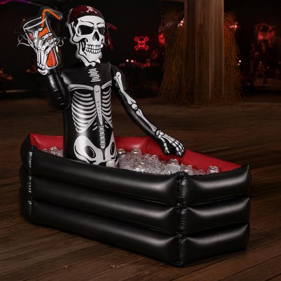 Halloween Party Decorations for Yard Inflatable Skull Ice Bucket, Pirate Skeleton Drink Cooler Party, Beverage Tub Summer Thickened PVC Portable