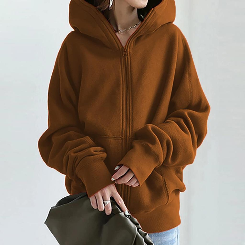 Womens Full Zip Up Plus Size Hoodie Winter Oversized Long Sleeve Hooded Sweatshirt Warm Loose Outwear