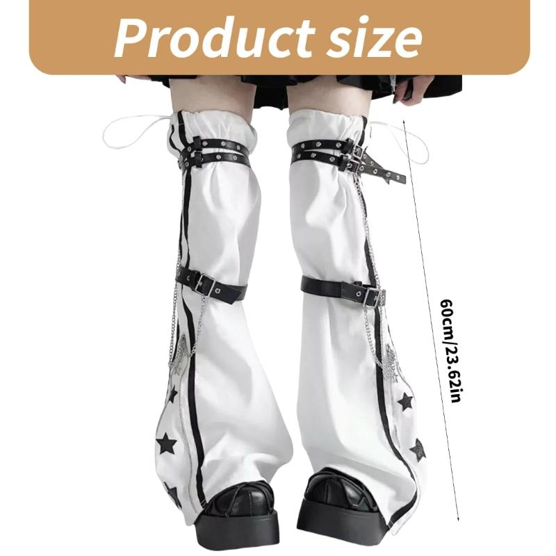 Damen Harajuku Sternenprint Reißverschluss Ausgestellter Beinwärmer Ästhetische Mode Punk PU Geschirrriemen Beinabdeckung Oberschenkelhohe Socken