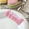 Long Rectangular Nails 24Pcs French Tip Press On Nails, 3D Pink Bow Rhinestone Fake Stick-on for Women, Removable Full Cover Glue At Home Nail