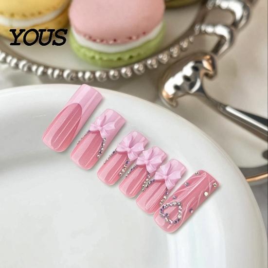 Long Rectangular Nails 24Pcs French Tip Press On Nails, 3D Pink Bow Rhinestone Fake Stick-on for Women, Removable Full Cover Glue At Home Nail