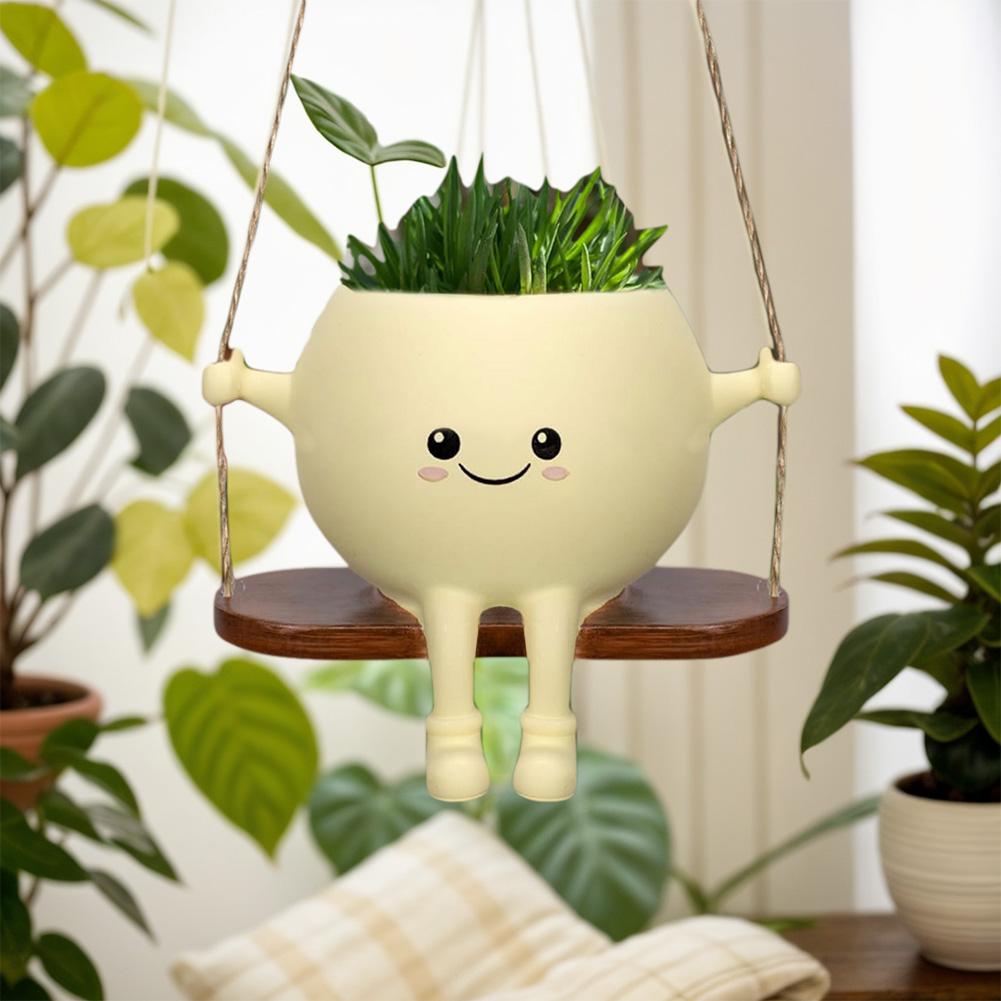 Rocking Chair/Swing Face Planter Pot Lovely Resin Head Pots Cute Succulent Planter Garden Supplies for Indoor Home Hanging Decor