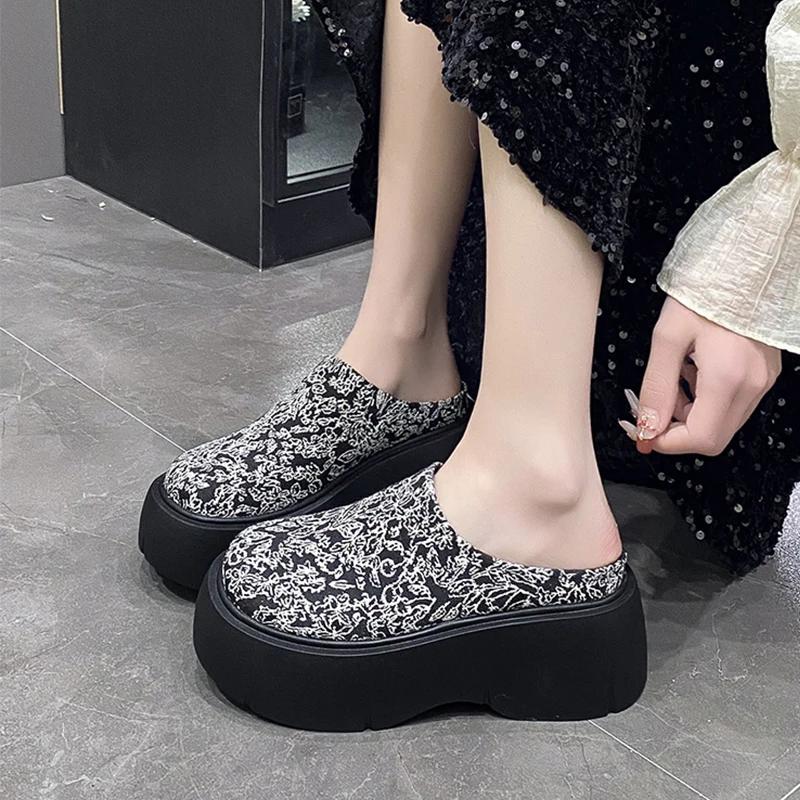 fashion Print Random High Heels Slippers Mules Women Shoes Platform Sandals Summer Flip Flops 2024 Designer New Pumps Brand Femme Slides