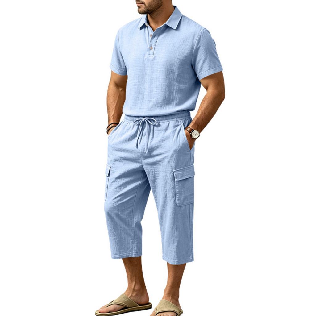 Men's Linen Short Sleeve and Cargo Shorts Set, Relaxed Fit Summer Vacation Outfit for Beach and Daily Wear
