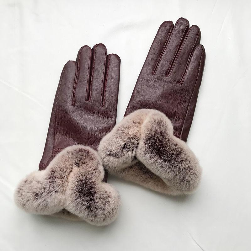 Women Winter Genuine Sheepskin Leather Glove With Rex Rabbit Fur Cuff Warm Winter Female Genuine Leather Gloves Hand Warmer