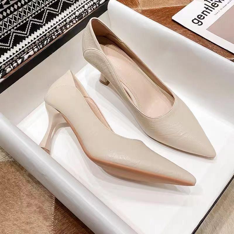 High Heels Women's New Soft Leather Not Tired Feet Professional Work Shoes Pointed Interview Etiquette Single Shoes Spring and Autumn